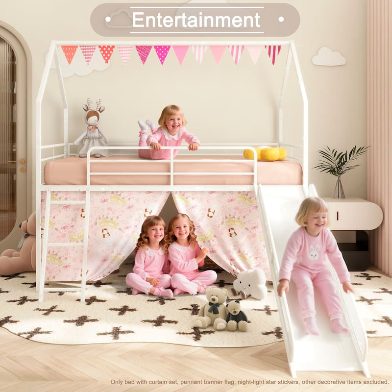 Kids' Twin Loft Bed with Slide, Curtain Set, Banner Flag, and Star Stickers in Multiple Colors