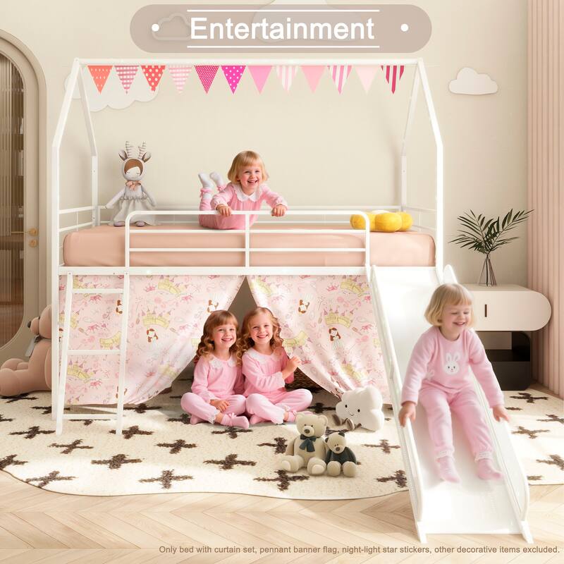 Metal Junior House Twin Loft Bed with Slide and Curtain Set and Pennant Banner Flag and Star Stickers