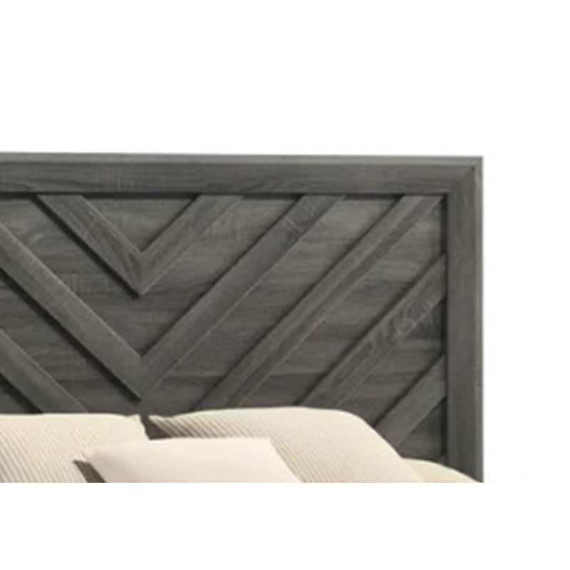 Velz Queen Size Bed w Chevron Patterned Headboard, Dark Gray Wood