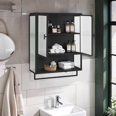 Wall-Mounted Black Sideboard with Fluted Tempered Glass, Two-Tier Storage Cabinet and Open Shelf