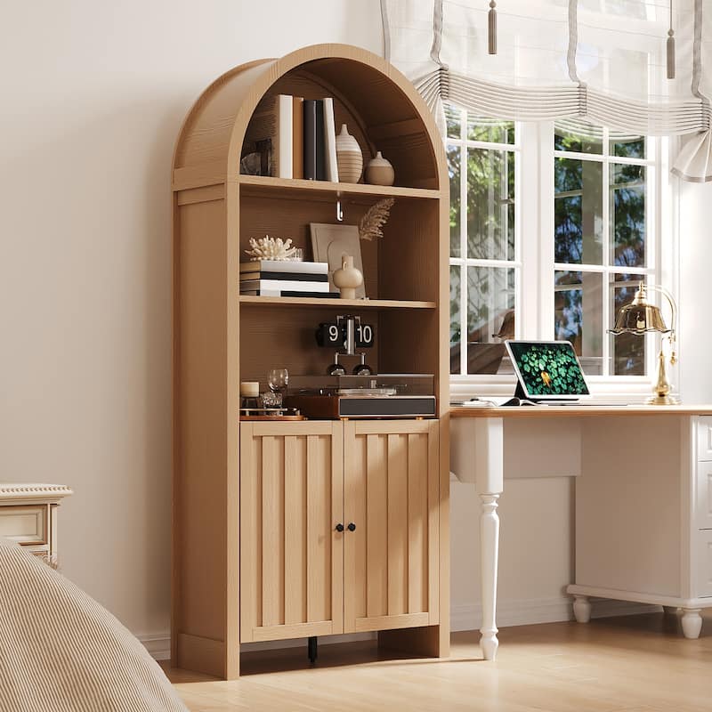 Accent Cabinet with Arched Top, Storage Cabinet with Slatted Doors, Buffet Sideboard with Adjustable Shelves