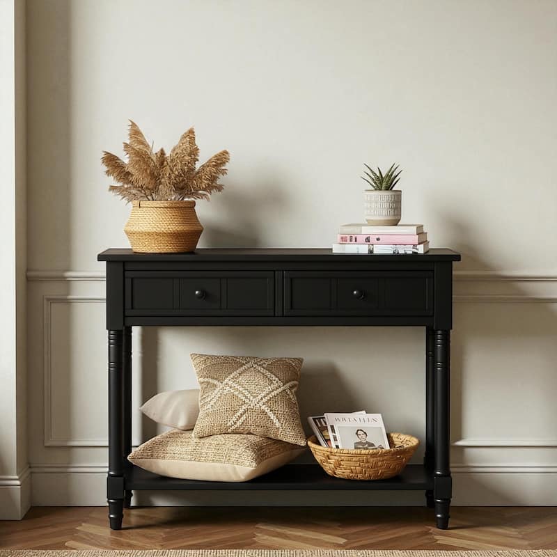 Daisy Series Traditional Console Table with 2 Drawers and Bottom Shelf, Solid Pine Wood Entryway Accent Table