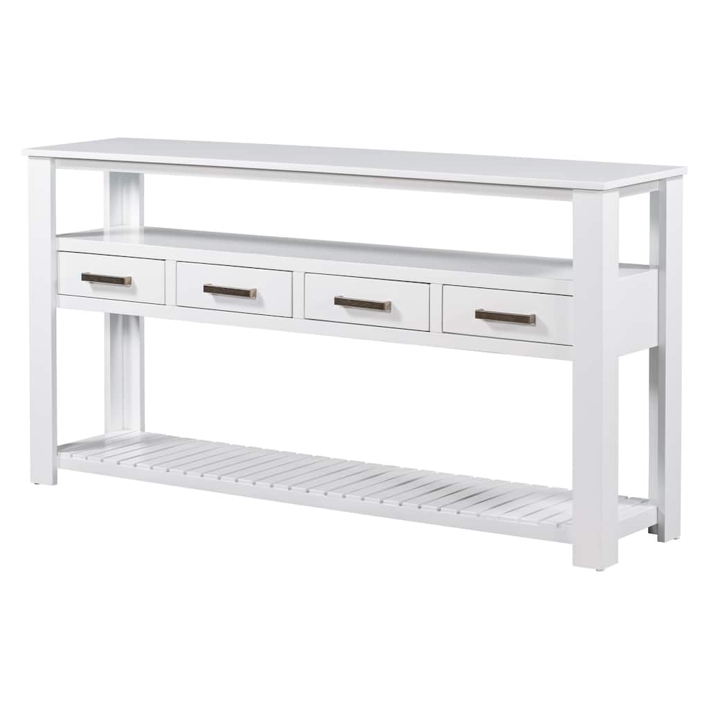 White Entryway Table Sofa Table Side Table with 4 Drawers, Modern Console Table Coffee Table with Open Shelves