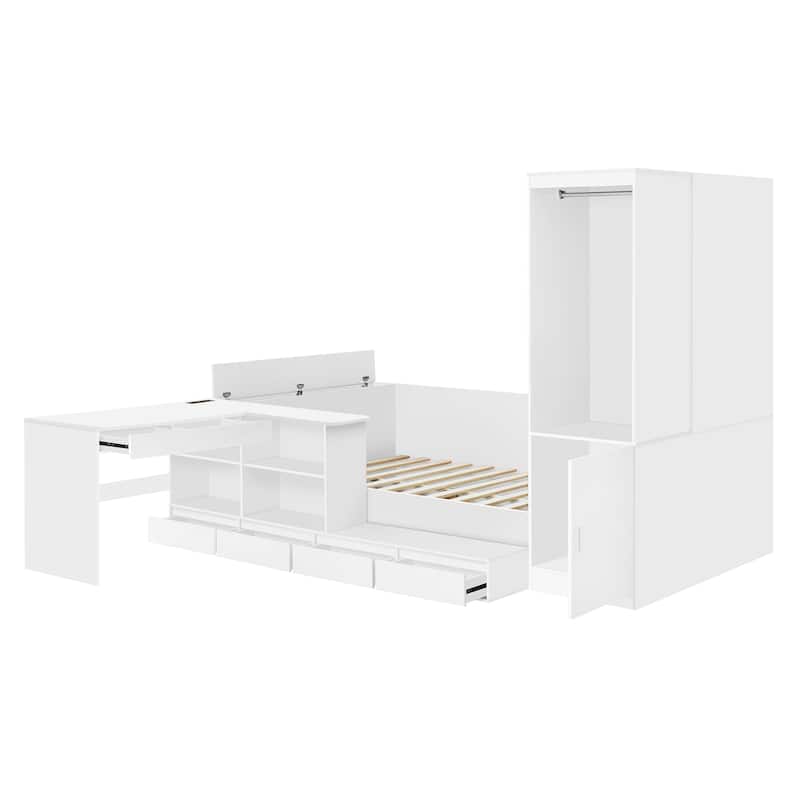 Full Size White Wooden Platform Bed with Storage, Desk, and Wardrobe
