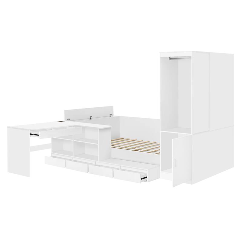 Full Size Wood Platform Bed with 6 Drawers, Shelves, Desk & Wardrobe, Multi-Functional Design
