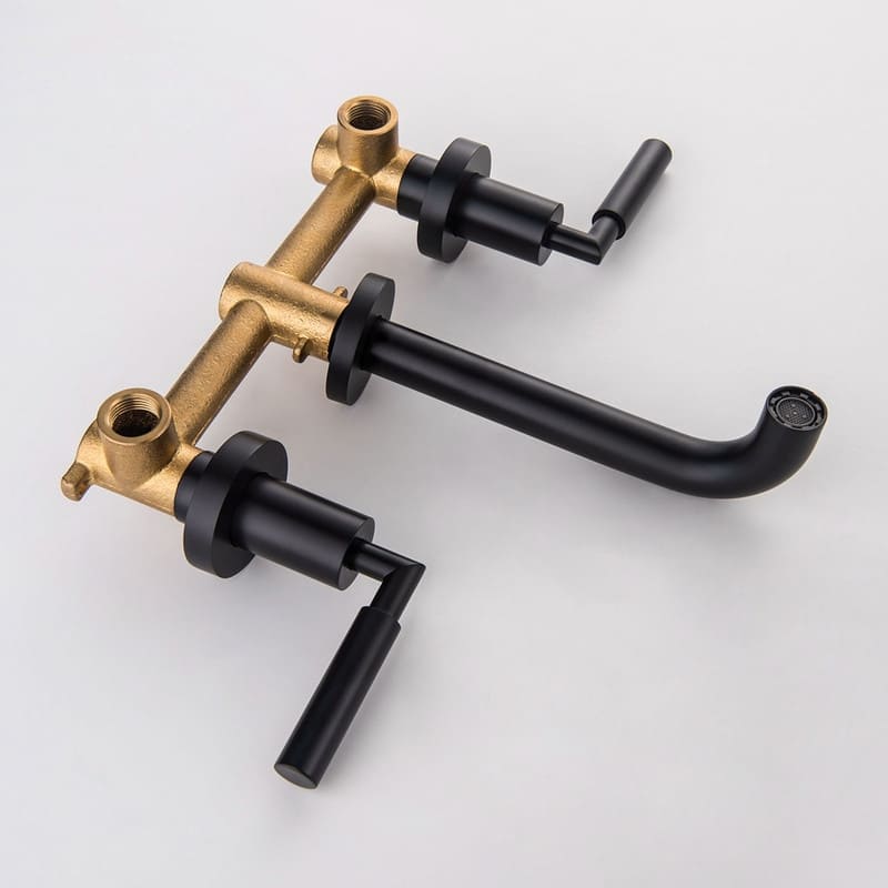 Double Handle Wall Mount Bathroom Sink Faucet, Gold/Black