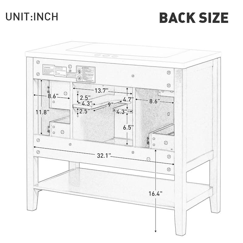 36" Bathroom Vanity with Sink Combo, One Cabinet and Three Drawers, Solid Wood and MDF Board