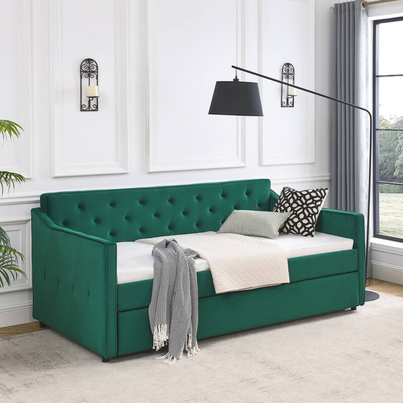 Roomfitters Twin Upholstered Daybed with Twin Trundle, Tufted Backrest and Elegant Waved Arms