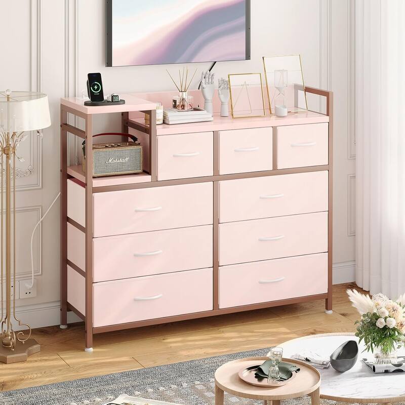 Bedroom Dresser with 9 Drawers Tv Stand with Charging Stand Modern Fabric Chest of Drawers