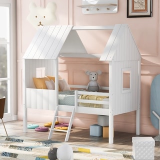 Twin Size Low Loft Wood House Bed with Two Side Windows - Bed Bath ...