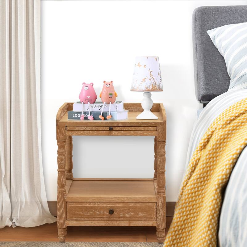 Bedroom Furniture Solid Oak Nightstand Bedside Accent End Table with 2-drawer & Shelves - Oak - 2-drawer