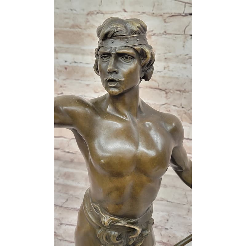 Tarzan King Of The Jungle - Bronze Sculpture Of Muscular Male Warrior W/ Spear By L. Domenech