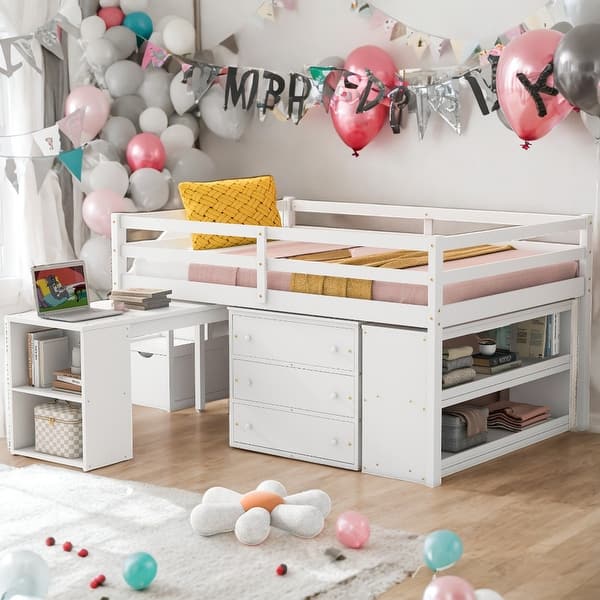 slide 2 of 57, Full Size Loft Bed With Desk,3 Drawers,Storage Stairs and Shelves White