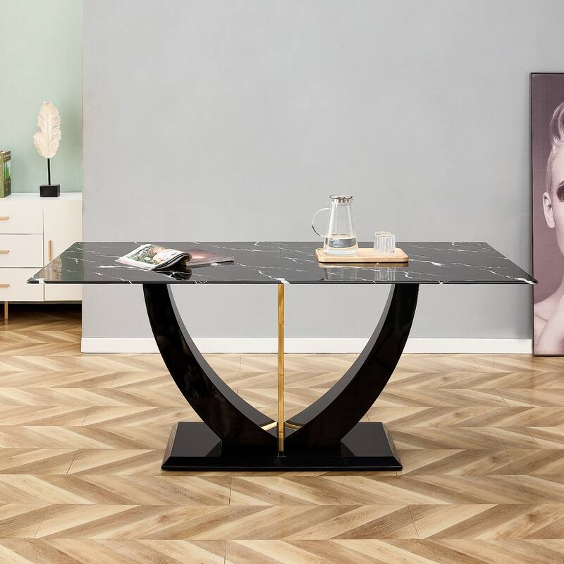 Modern minimalist and luxurious black imitation marble texture dining table rectangular office desk. Game desk
