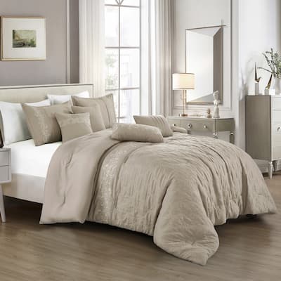 7 Piece Beige Paisley Geometric Comforter Set Embroidery Soft Bedding