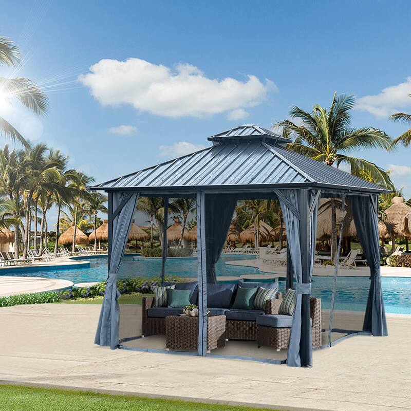 10' X 10' Hardtop Gazebo with Galvanized Steel Double Roof, Sturdy Aluminum Frame, Curtains, and Netting - Grey