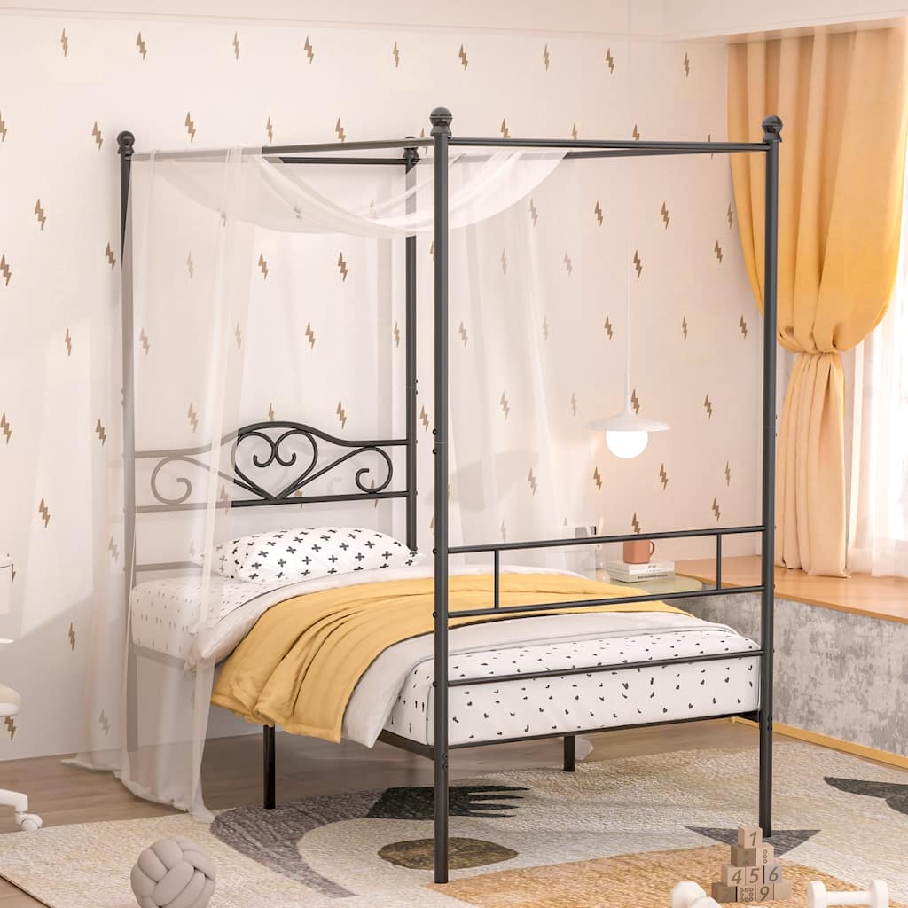 VECELO Twin Canopy Bed Frame with Headboard and Footboard, Metal Four Posters Design, Platform with Steel Slats Support
