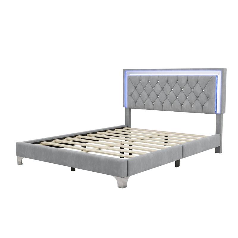 Gray Modern Queen Size Upholstered Bed Frame with LED Lights, Soft