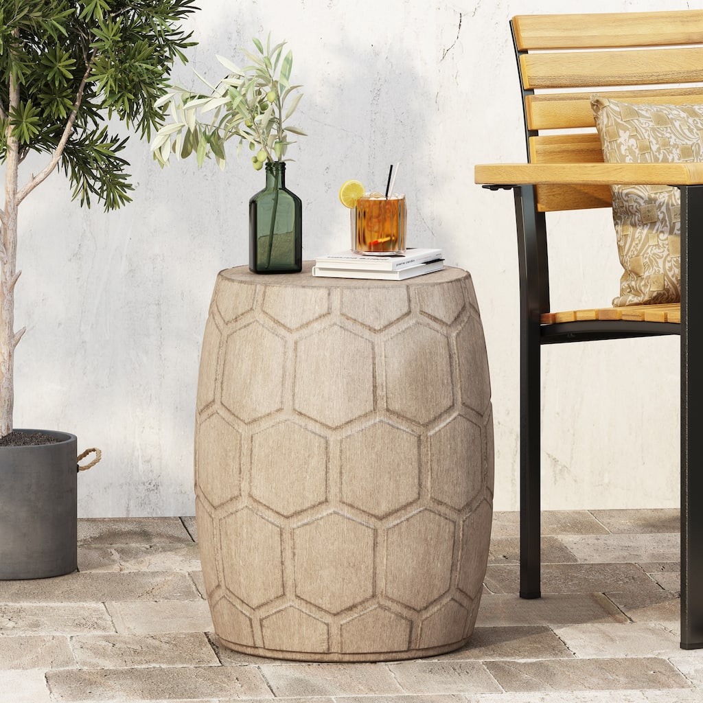 Roomfitters Outdoor Lightweight Concrete Side Table with Honeycomb Carved Design, Modern Accent Table, Natural