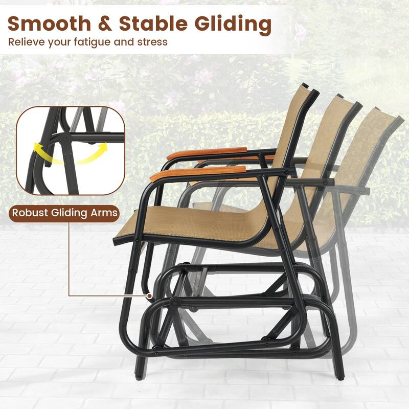 Set of 2 Black Metal Glider Chair with Teak Armrests and Breathable Seat Fabric - 29" L x 24" W x 33" H