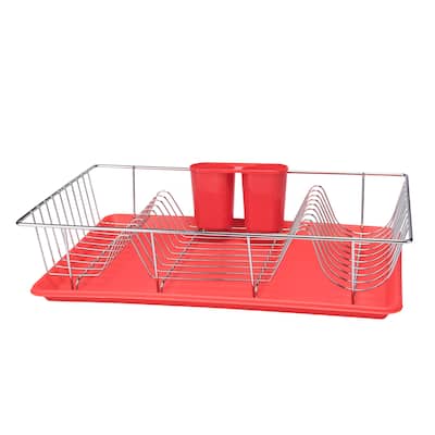 Kitchen Details 3 Piece Chrome Dishrack with Tray in Red - 19"x12"x4"