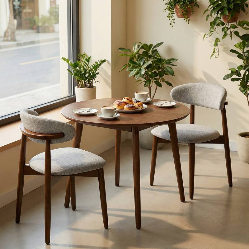 Wooden Dining Chairs Set of 2, Modern Fabric Upholstered Dining Room Chair with Curved Back, with Adjustable Foot Pads