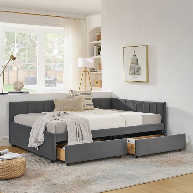 Full Size Upholstered Tufted Bed Frame with Two Drawers and Comfortable Backrest