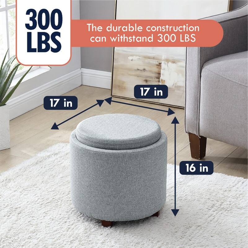 Ornavo Home Lawrence Round Storage Ottoman with Lift Off Lid and Tray Lid Coffee Table