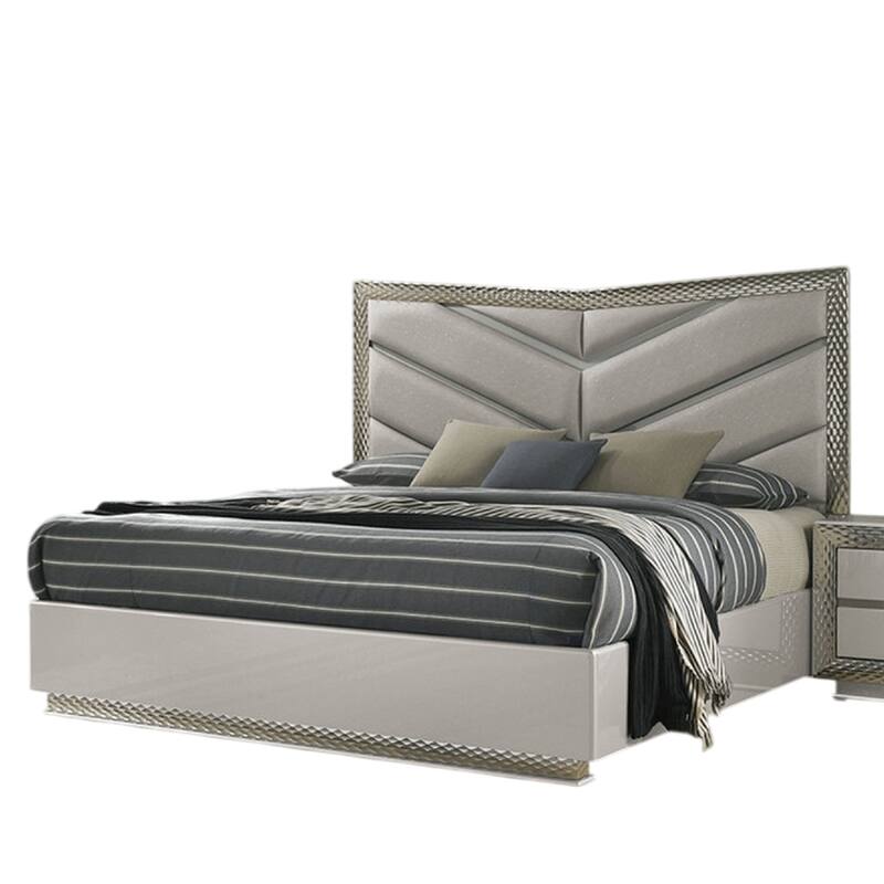 Vino King Bed, Gray Chevron Satin Fabric Upholstered, Solid Wood