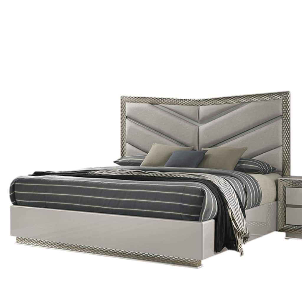 Vino King Bed, Gray Chevron Satin Fabric Upholstered, Solid Wood