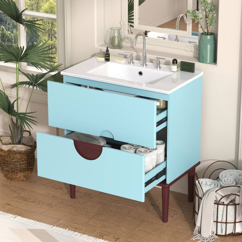 30'' Bathroom Vanity Cabinet with Ceramic Sink Combo Set, Solid Wood Frame Modern Bathroom Storage Cabinet with 2 Drawers, Blue - Blue