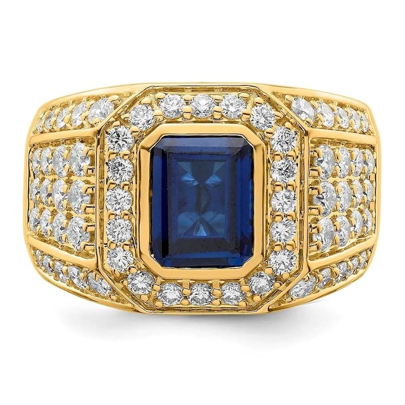 4 1/2Ct TW Men's Created Sapphire & Lab Grown Diamond Ring in Yellow Gold