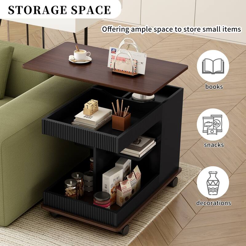 Lift Top End Table with Wheels and Storage for Small Spaces - 22.6" H x 17.7" W x 29.5" D