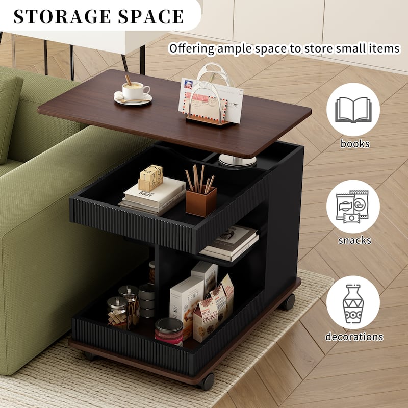 Lift-Top End Table with Rotating Top, Mobile Side Table Coffee Table with Storage, Sofa Table with Adjustable Height
