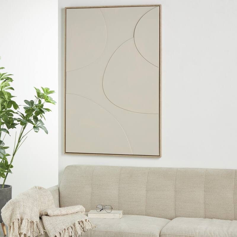Wooden Geometric Living Room Framed Wall Art with Abstract Circles and Brown Wooden Frame - Beige or White - Roche River Decor