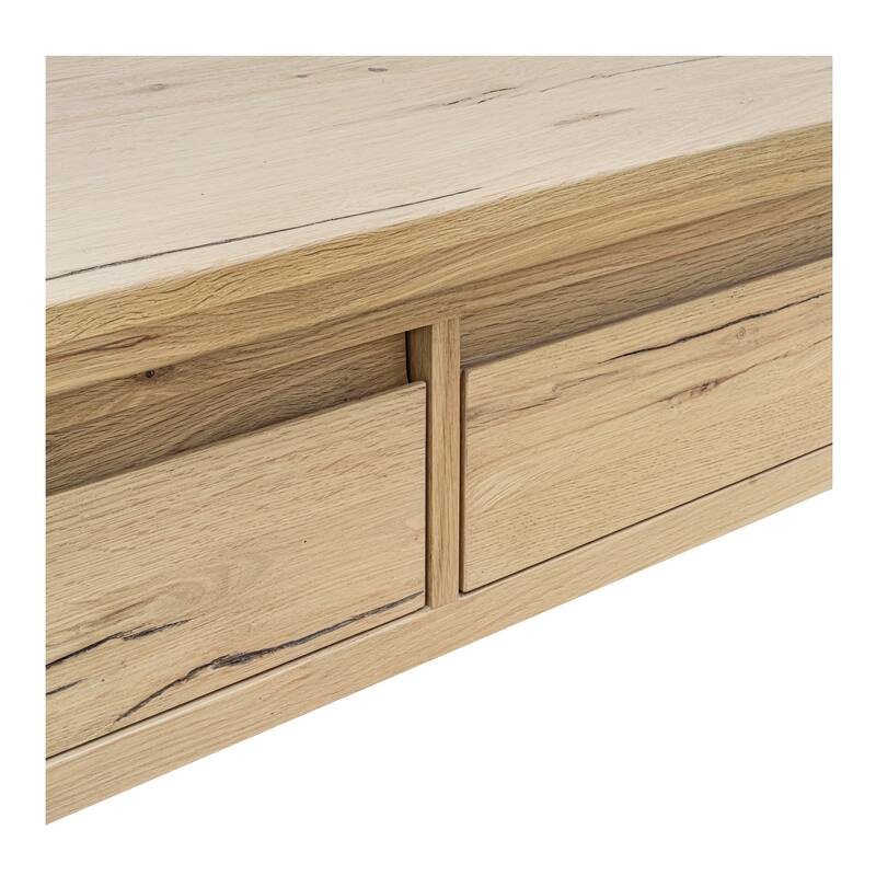 NADAAL STUDIOS Mareth Coffee Table, Rectangular Rustic Oak Top with Rounded Edge, Solid Oak Legs Dual-Sided Drawers, Natural