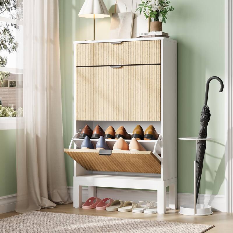 2-Drawer Slim Shoe Storage Cabinet with Flip Doors - Natural
