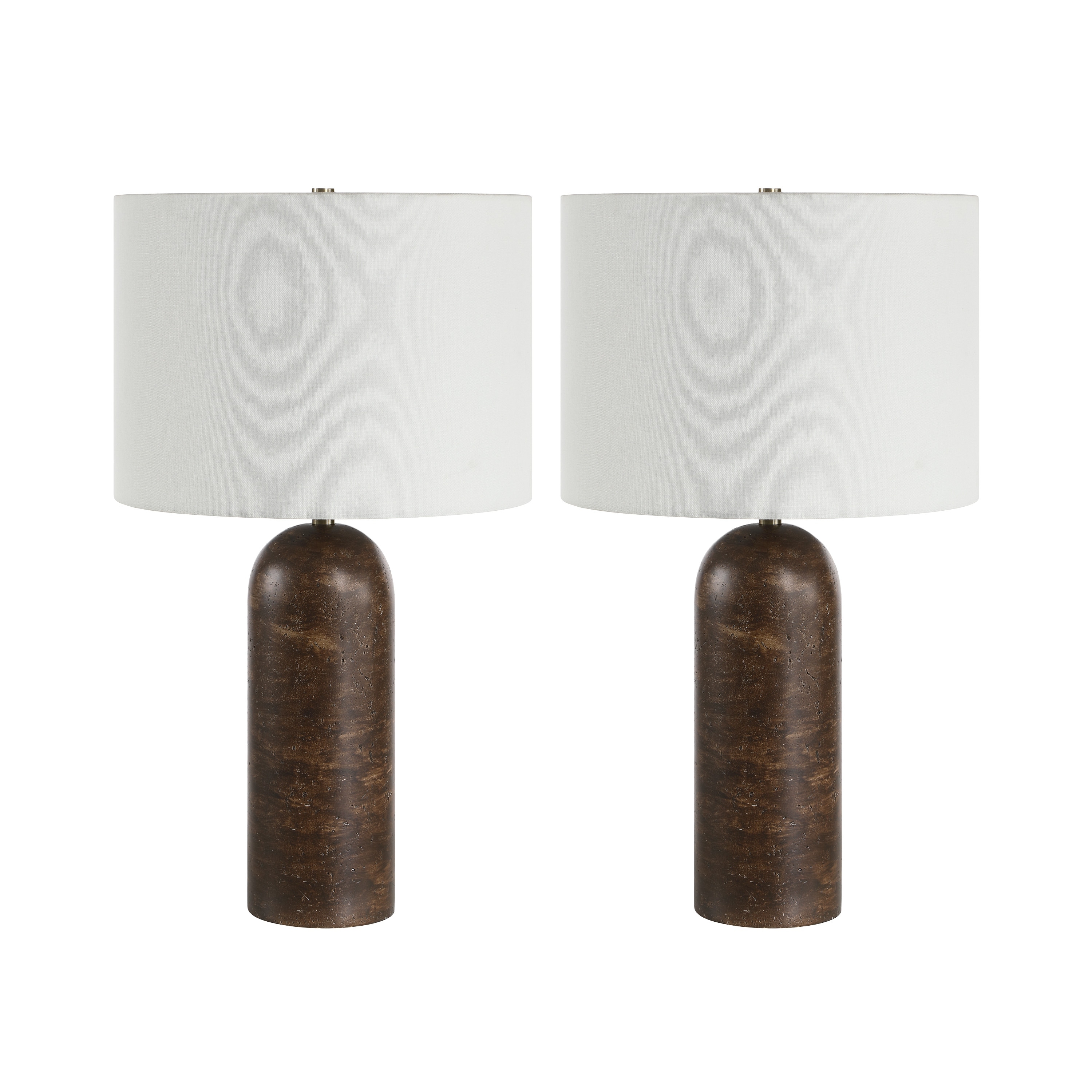 Everren Dorato 24.75" Tall Dark Brown Faux Travertine Table Lamp with Drum Linen Shade (Set of 2)