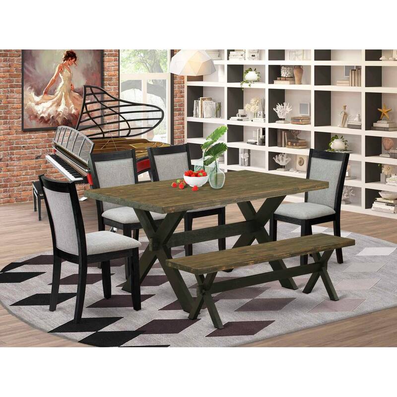 HomeStock 6-Piece Rectangle Distressed Jacobean Finish Solid Wood Top Dining Table with 1-Bench, 4-Chairs
