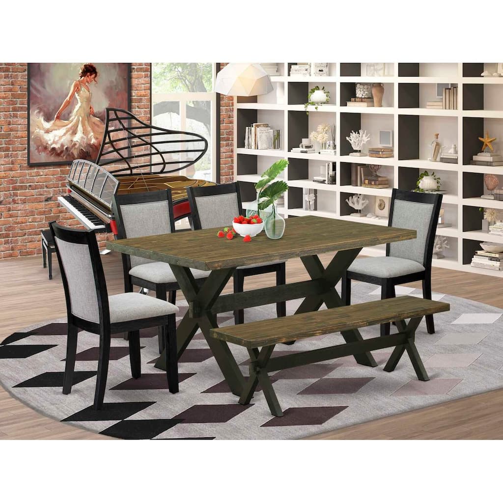 HomeStock 6-Piece Rectangle Distressed Jacobean Finish Solid Wood Top Dining Table with 1-Bench, 4-Chairs