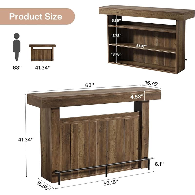 63 Inches Bar Table with Footrest and Storage Shelves for Kitchen Bistro Basement