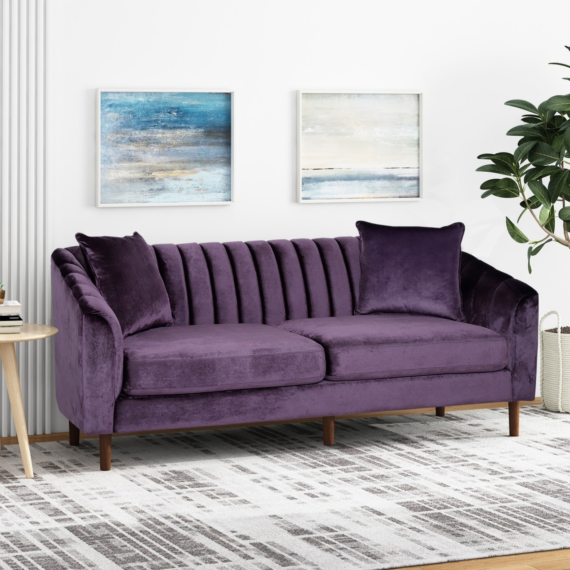 Roomfitters Modern Velvet 3-Seater Sofa with Channel Tufting and Plush Cushions for Living Room