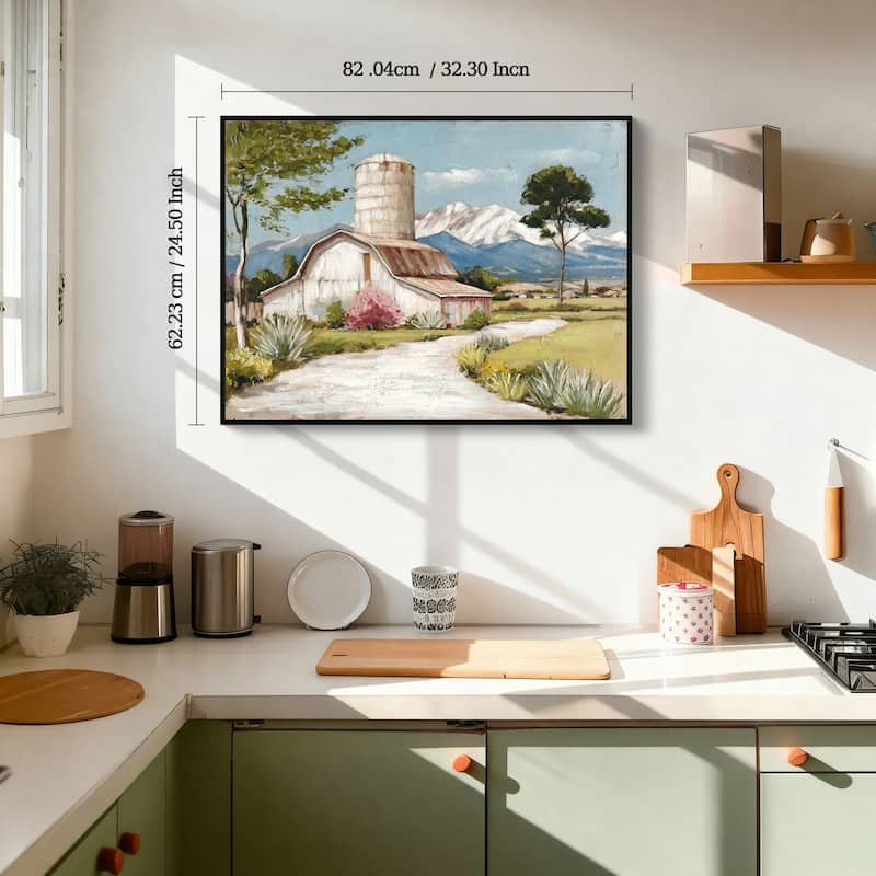 Framed Rustic Farmhouse Canvas Wall Art. Beautiful Field Painting Wildflower Barn Print Nature Scenery Picture