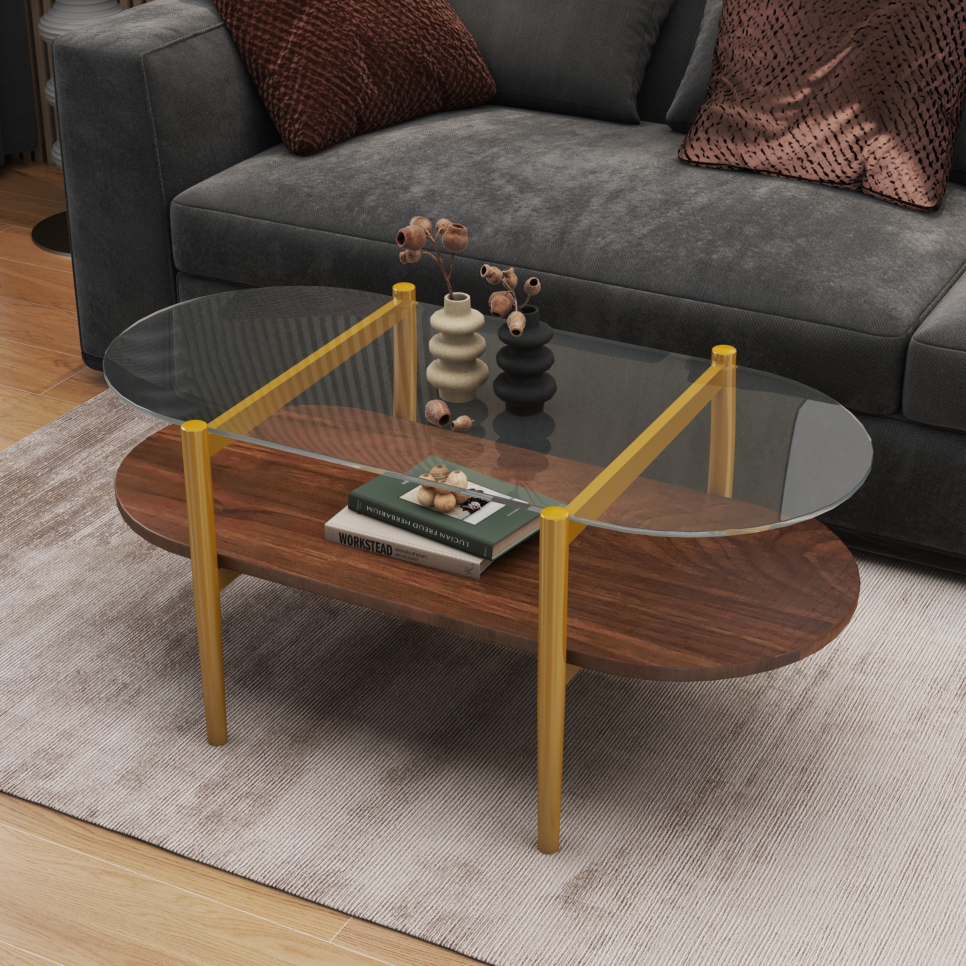 Oval Shaped Glass Coffee Tablemedieval Modern Design, Double-Layer Structure With Storage Function