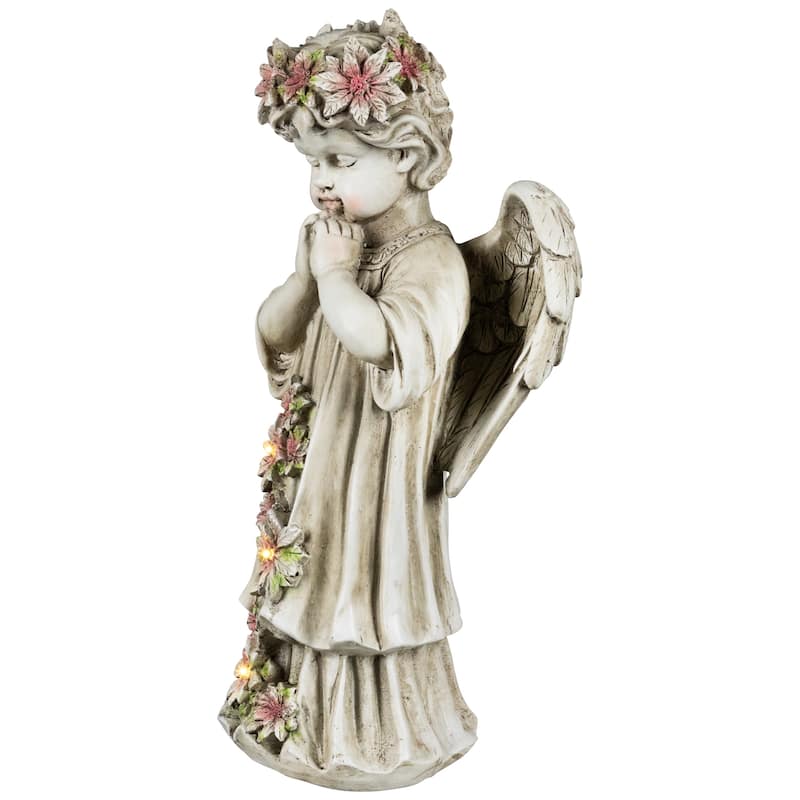 LED Lighted Praying Cherub with Flowers Statue - 16"