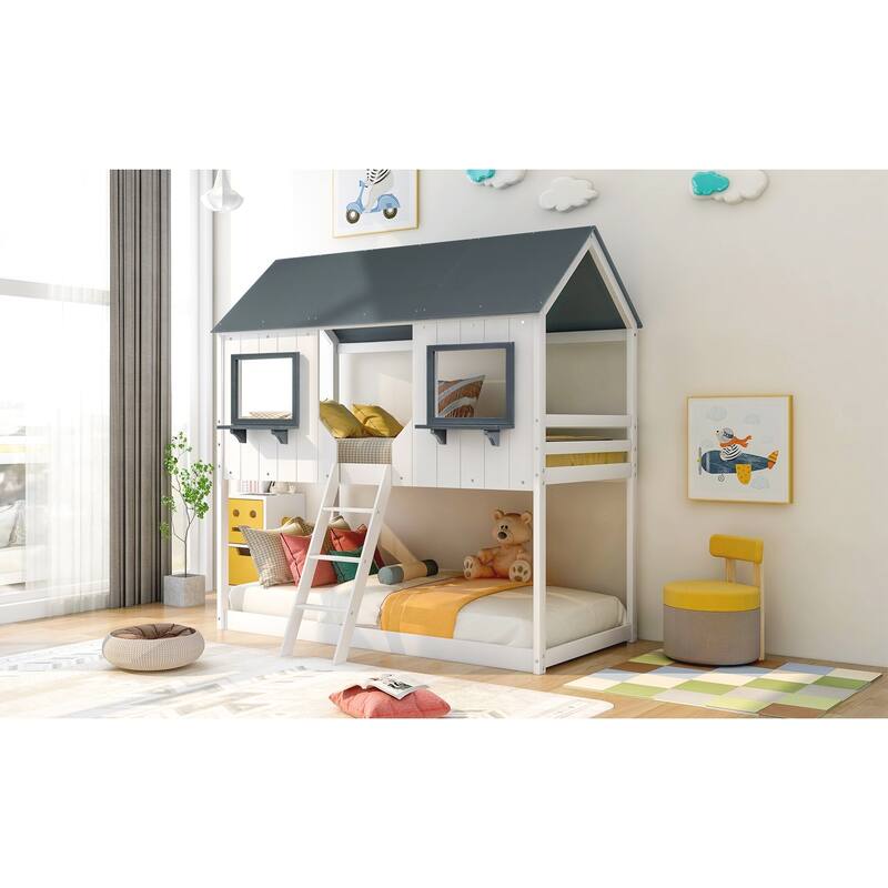 Twin Over Twin Pine Bunk Bed with Roof, Windows, and Ladder