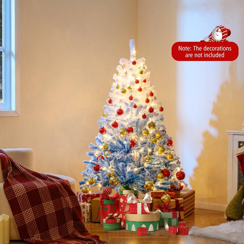 Gymax 5/6/7/8 FT Artificial Christmas Tree Hinged Snow Flocked Xmas - Blue, White