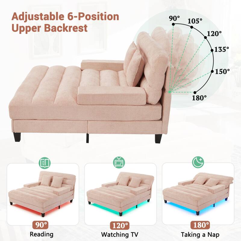 Modern Chaise Lounge Sofa 57.1" Sofa Bed Chenille Upholstered Lounge Sofa Chair with Adjustable Backrest and LED Light Strip