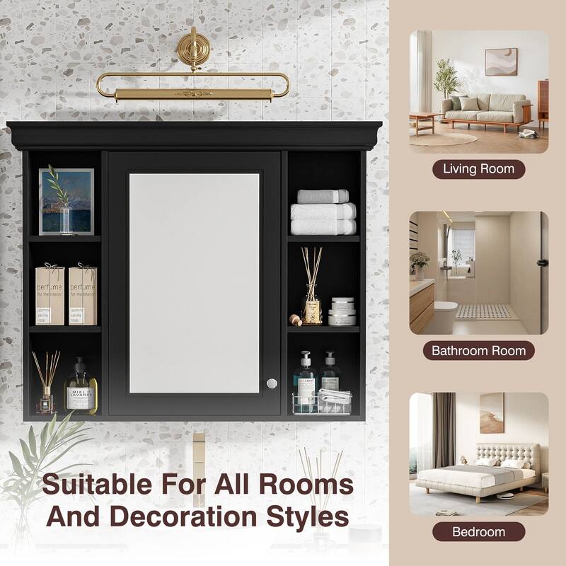 Wall Mounted Bathroom Storage Cabinet with Mirror Door, 5 Adjustable Shelves, and Towel Rod