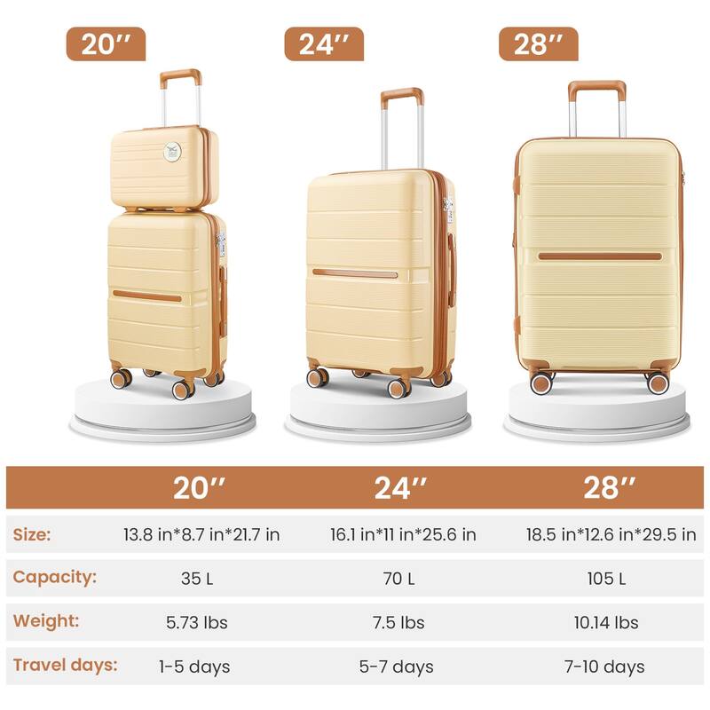 Luggage 4 Piece Sets, Expandable Carry On Luggage Set Hardshell PP, Suitcase Set with Wheels and Adjustable 3-level Handle